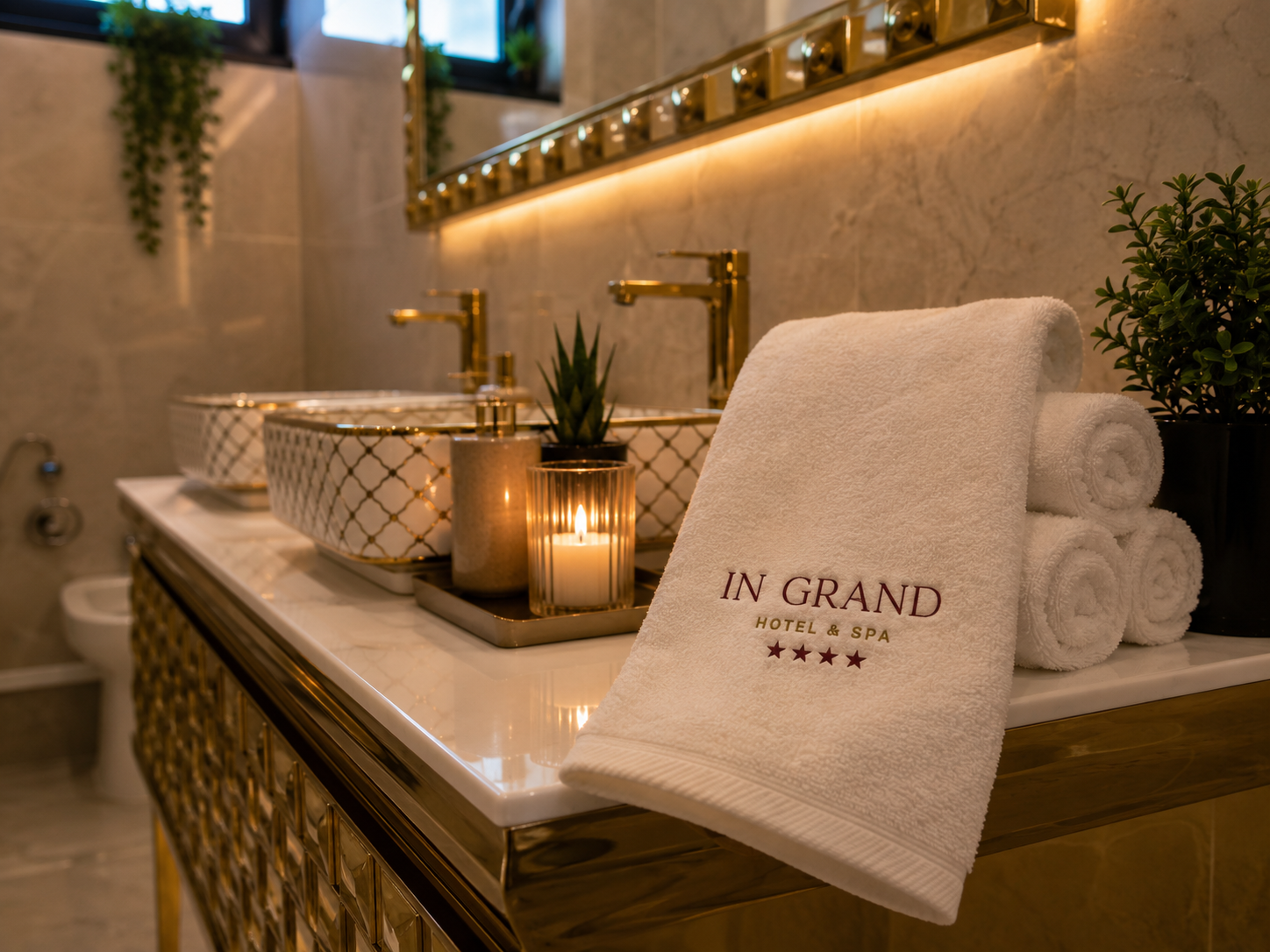Detaliu baie cu prosop brodat IN Grand Hotel & Spa